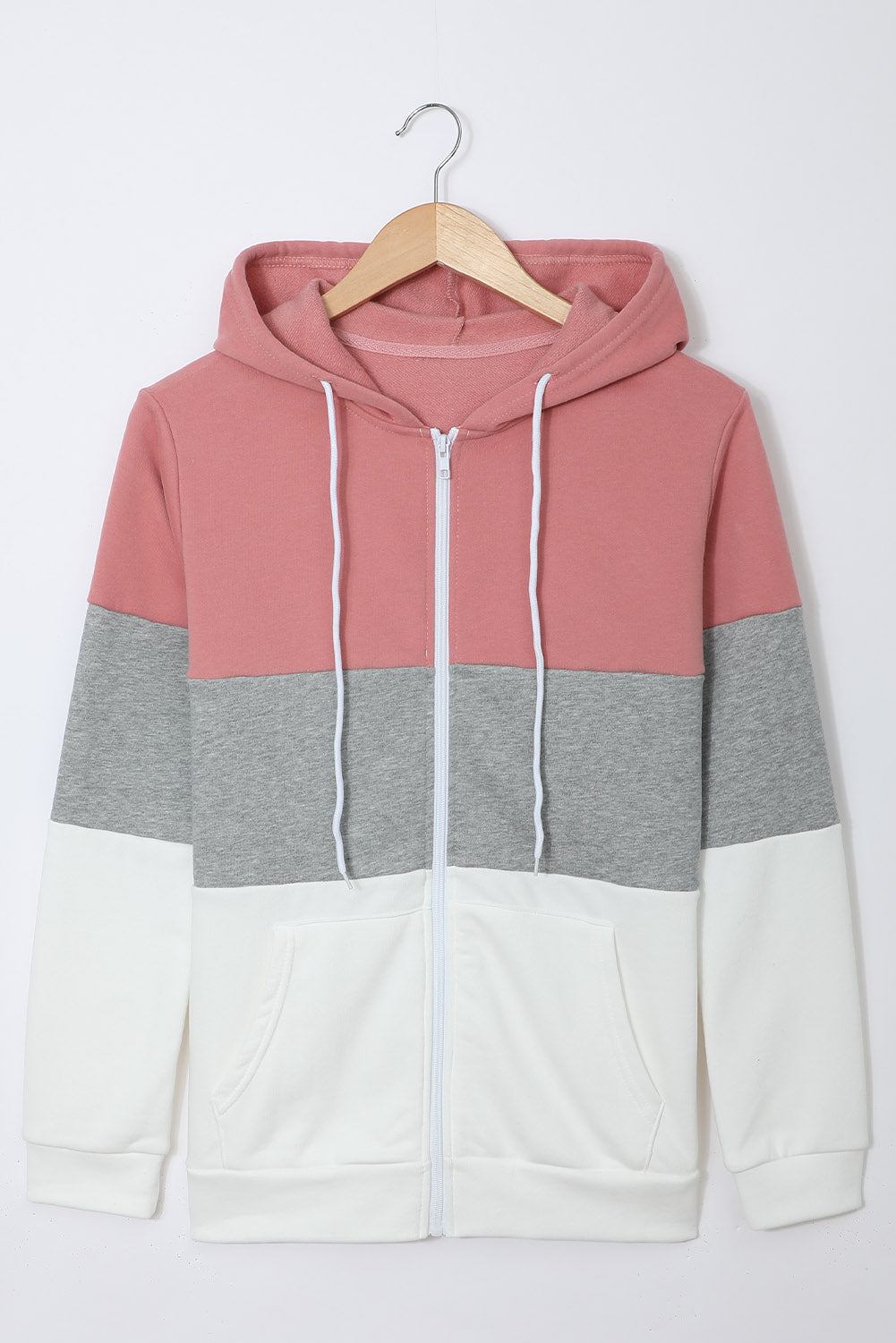 Black zip front hoodie featuring color block splicing and drawstring hood, perfect for casual wear.