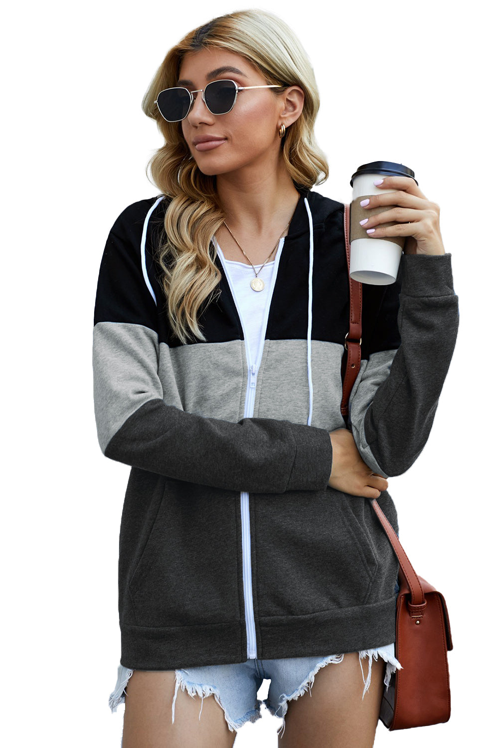 Black zip front hoodie featuring color block splicing and drawstring hood, perfect for casual wear.