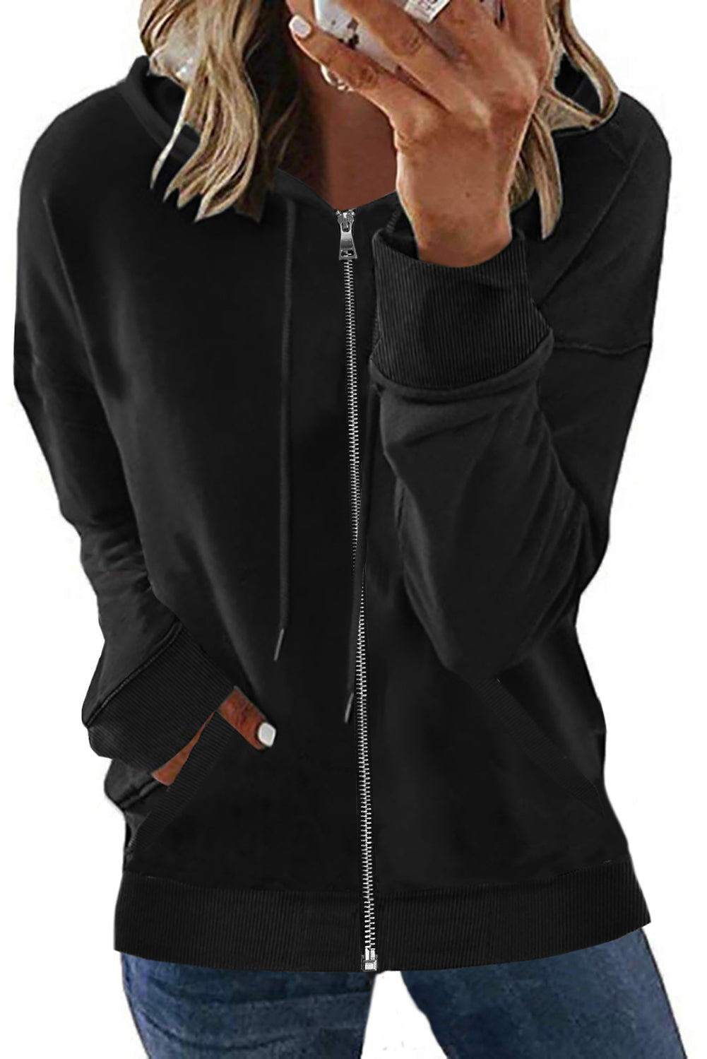 Black, green, and gray zip hooded coat with pocket, showcasing its stylish design and premium material.