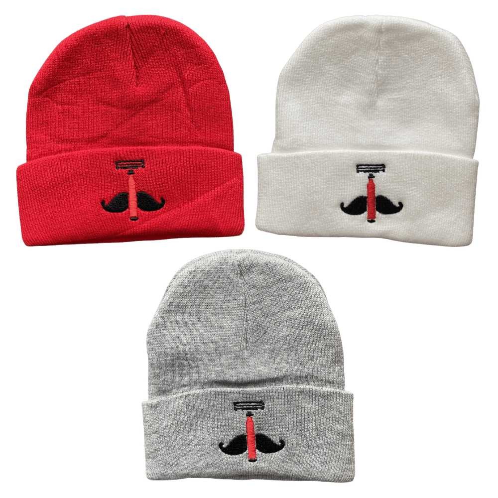 Cozy Shave Essentials Blade Beanie in Red, White, and Gray with iconic logo on front cuff.