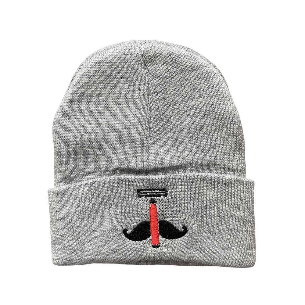 Cozy Shave Essentials Blade Beanie in Red, White, and Gray with iconic logo on front cuff.