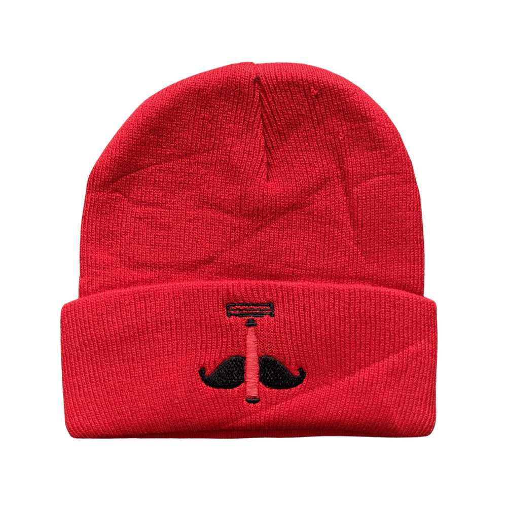 Cozy Shave Essentials Blade Beanie in Red, White, and Gray with iconic logo on front cuff.