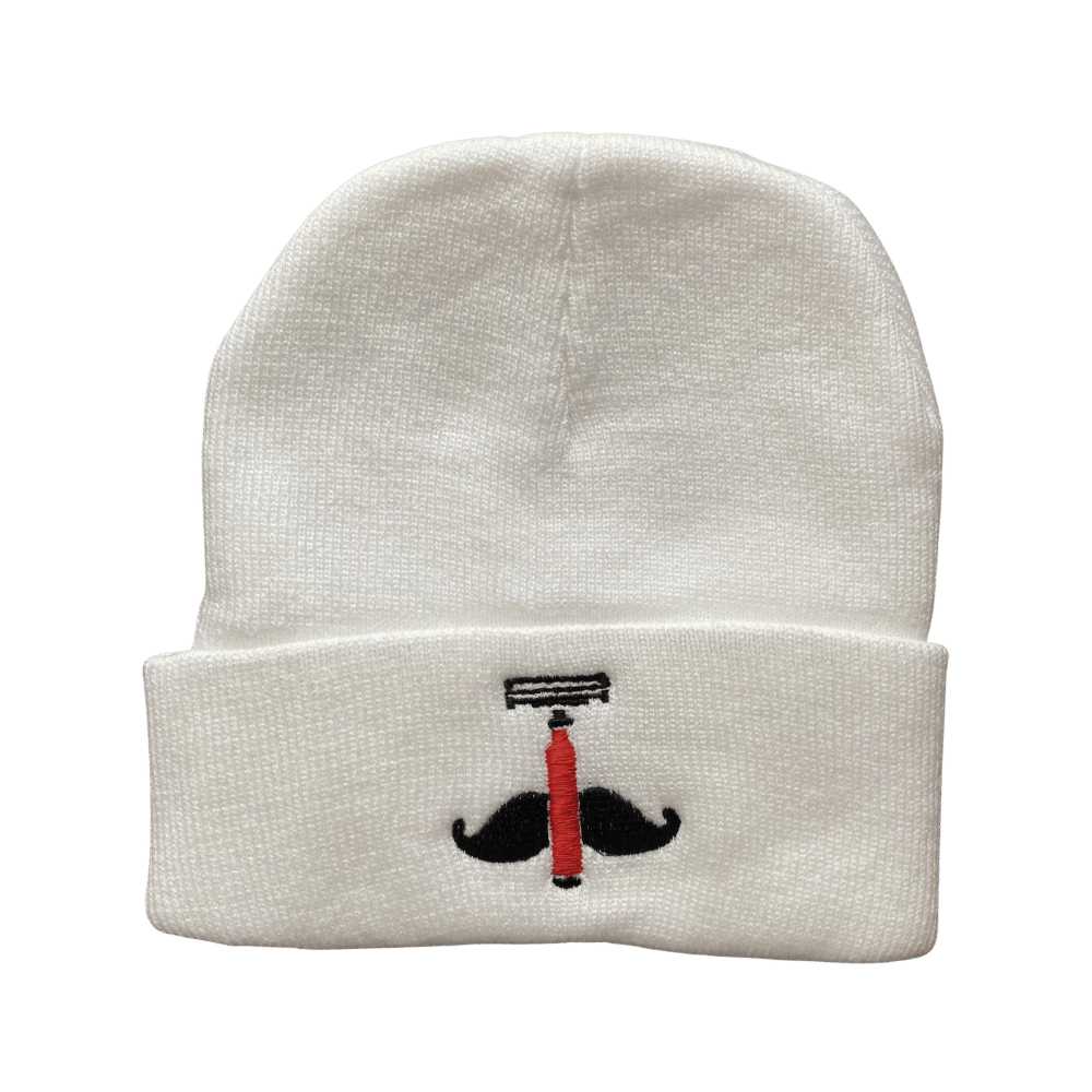 Cozy Shave Essentials Blade Beanie in Red, White, and Gray with iconic logo on front cuff.