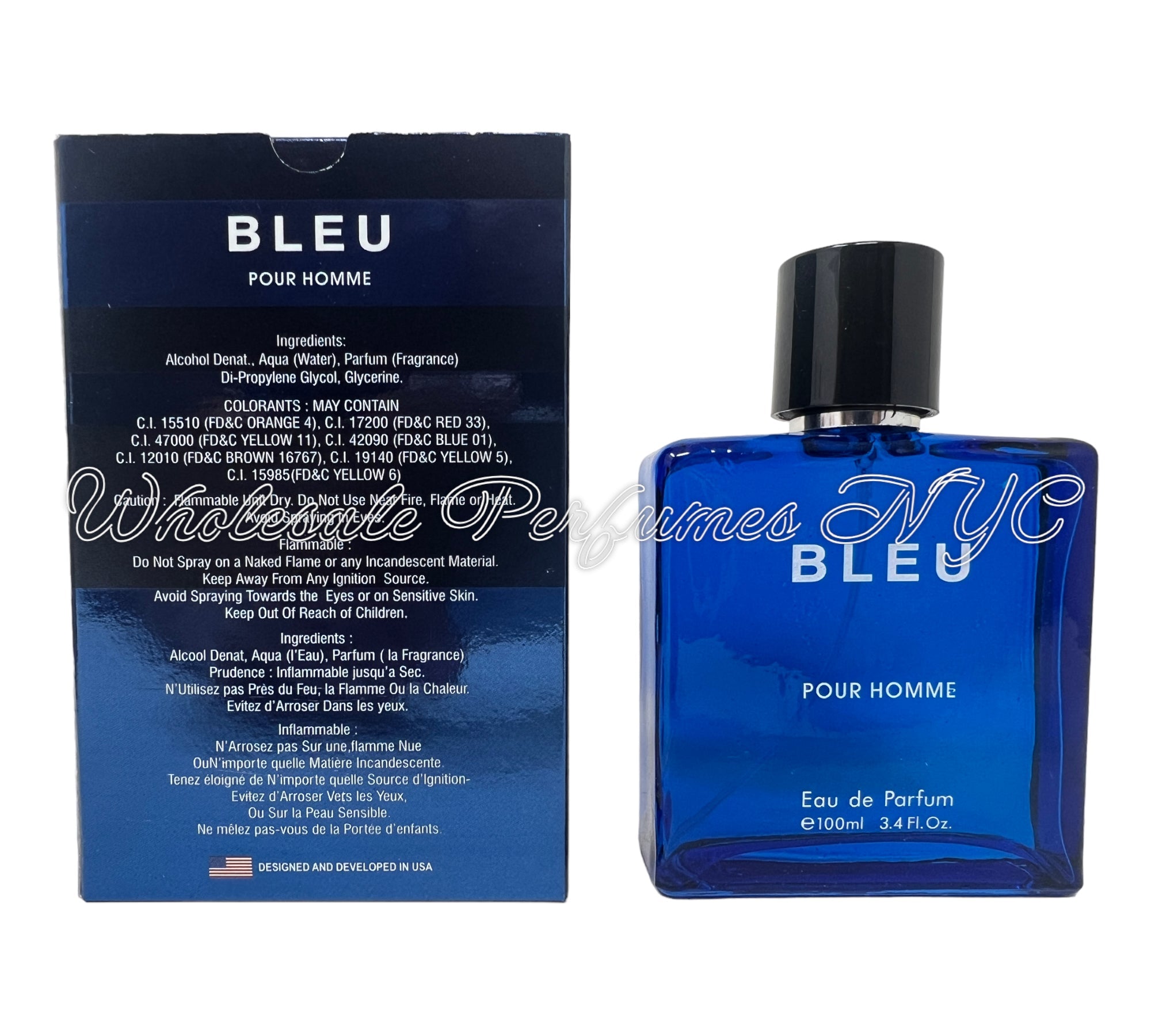 A sleek bottle of BLEU Pour Homme Eau de Parfum for Men by Urban Collection, showcasing its modern design and elegant packaging.