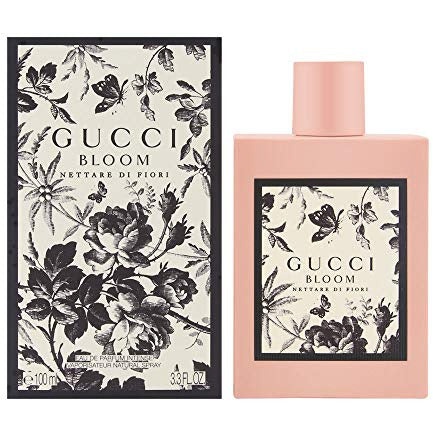 Gucci Bloom Nettare Di Fiori Eau de Parfum bottle with floral design, showcasing elegance and sophistication.