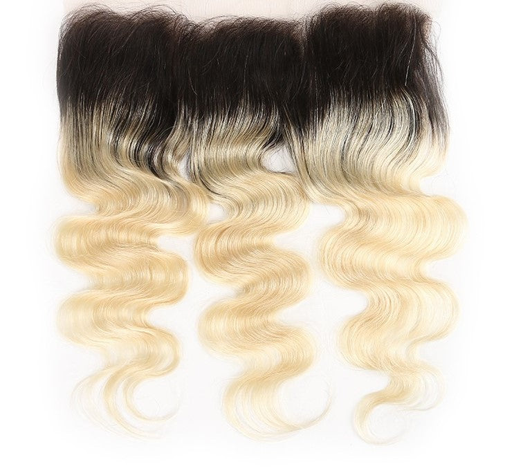 Blonde Body Wave #1B/613 hair bundles with closures and frontals, showcasing luxurious waves and high-quality Swiss lace.