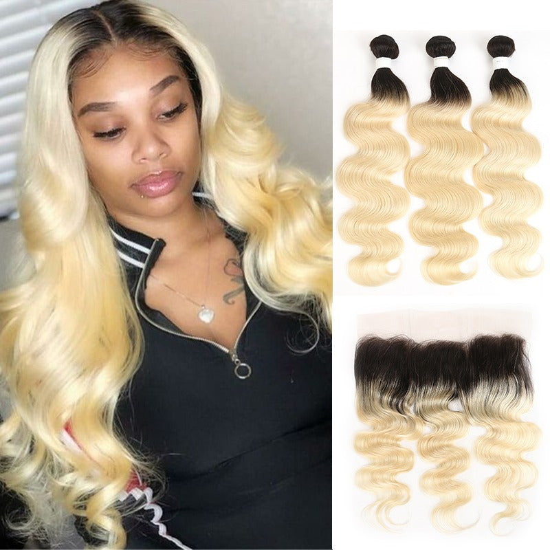 Blonde Body Wave #1B/613 hair bundles with closures and frontals, showcasing luxurious waves and high-quality Swiss lace.