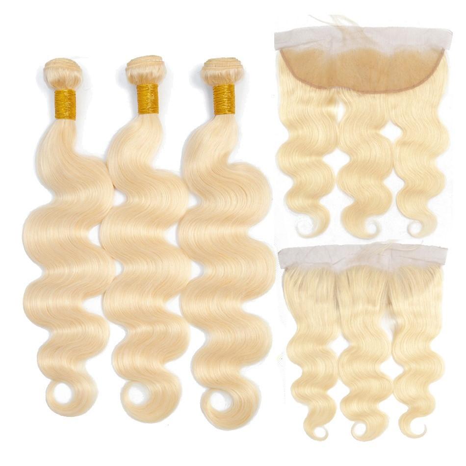 Blonde Body Wave #1B/613 hair bundles with closures and frontals, showcasing luxurious waves and high-quality Swiss lace.