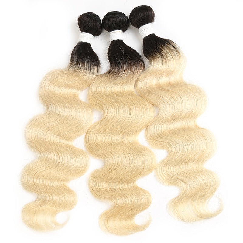 Blonde Body Wave #1B/613 hair bundles with closures and frontals, showcasing luxurious waves and high-quality Swiss lace.