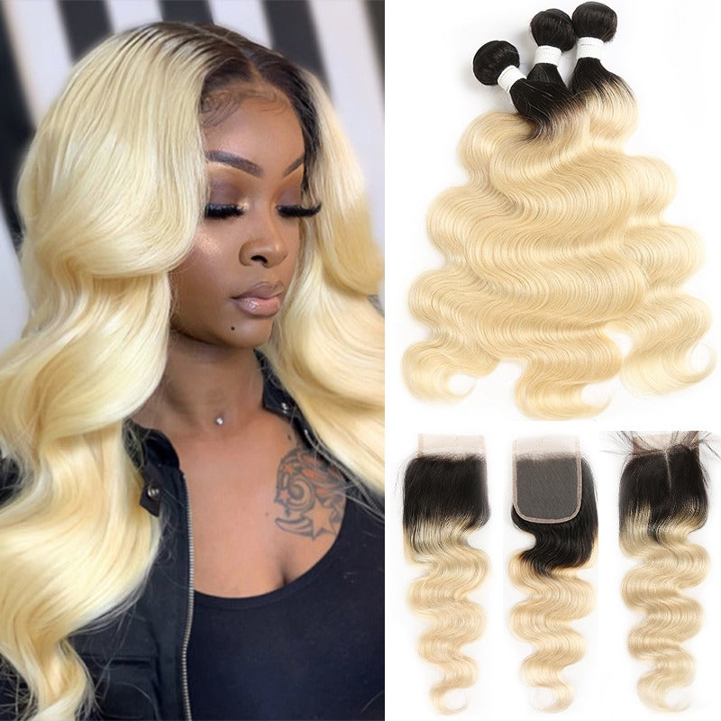 Blonde Body Wave #1B/613 hair bundles with closures and frontals, showcasing luxurious waves and high-quality Swiss lace.