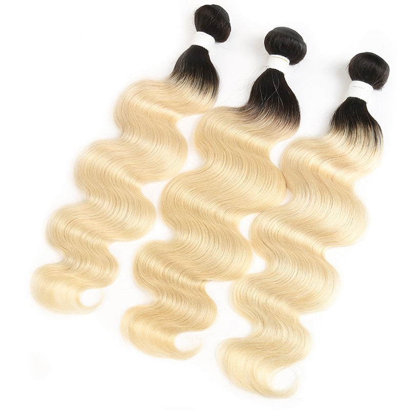 Blonde Body Wave #1B/613 hair bundles with closures and frontals, showcasing luxurious waves and high-quality Swiss lace.