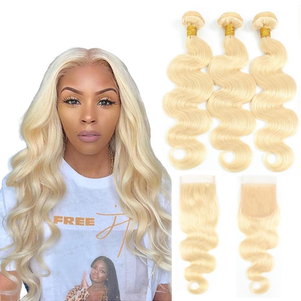 Blonde Body Wave #1B/613 hair bundles with closures and frontals, showcasing luxurious waves and high-quality Swiss lace.