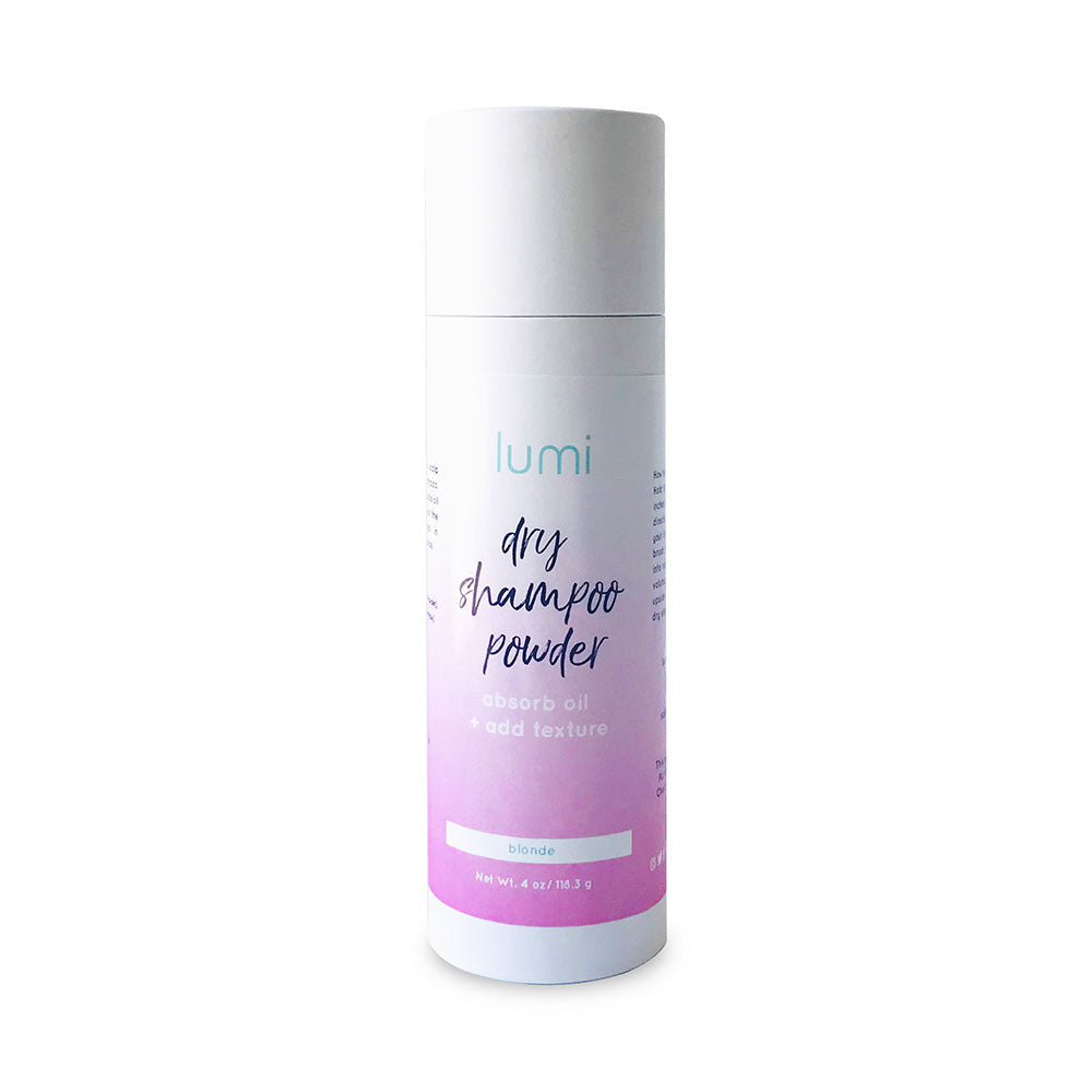 A bottle of blonde dry shampoo powder with a natural and eco-friendly design, ideal for refreshing blonde and grey hair.