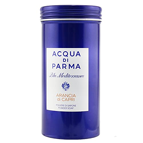 Acqua di Parma Blu Mediterraneo Arancia di Capri Powder Soap in elegant packaging, showcasing its luxurious powder texture and vibrant citrus scent.