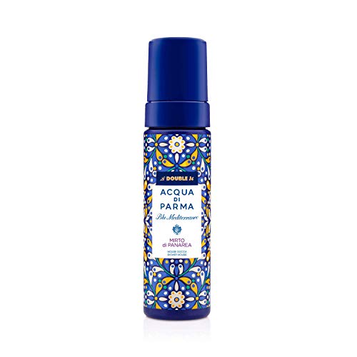 Blu Mediterraneo Mirto di Panarea Shower Mousse in a sleek bottle with a foamy texture, showcasing its luxurious appeal.