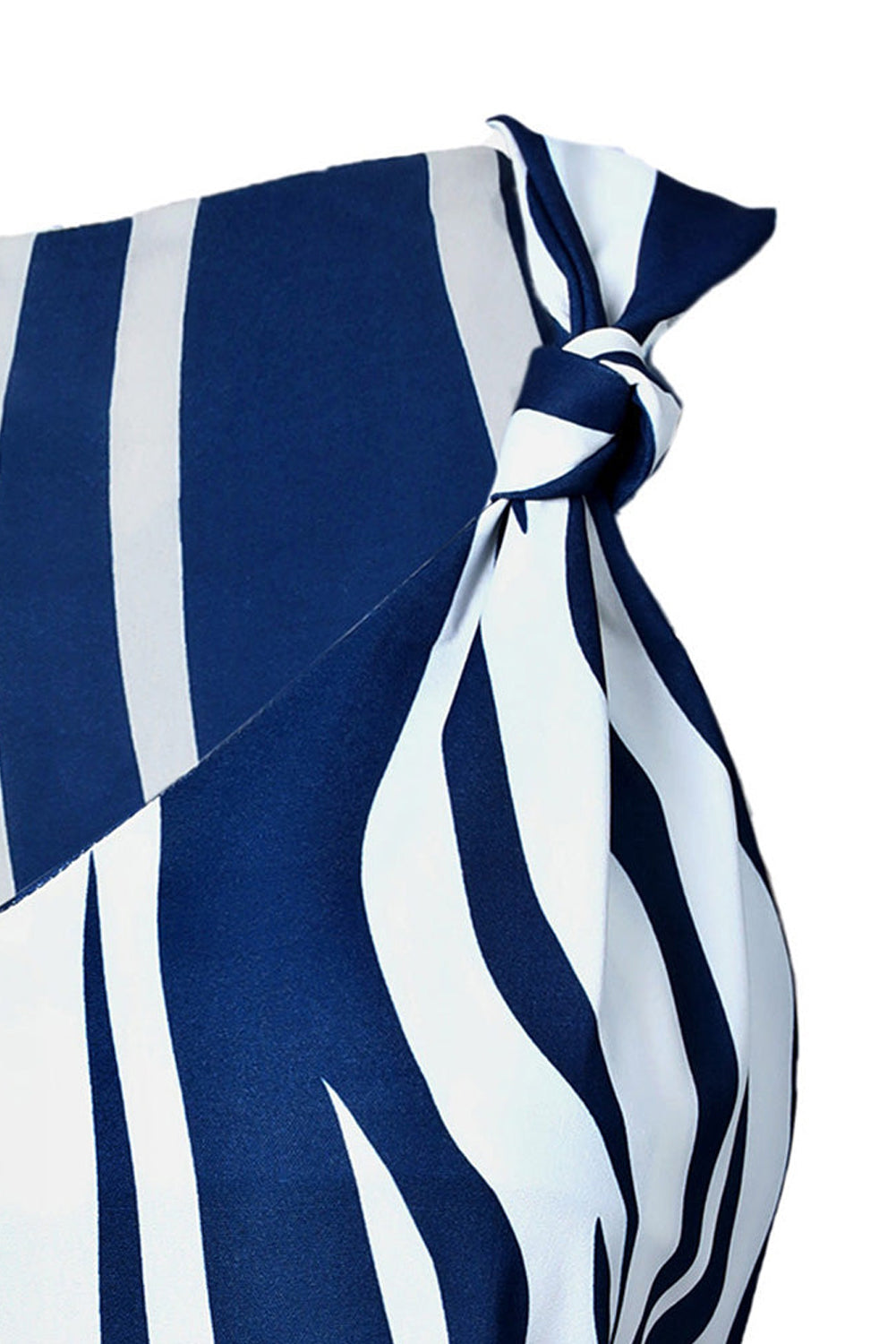 A stylish blue tank top featuring an abstract striped pattern and knotted straps, perfect for casual and formal occasions.