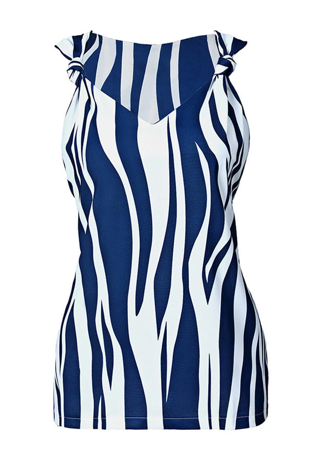 A stylish blue tank top featuring an abstract striped pattern and knotted straps, perfect for casual and formal occasions.