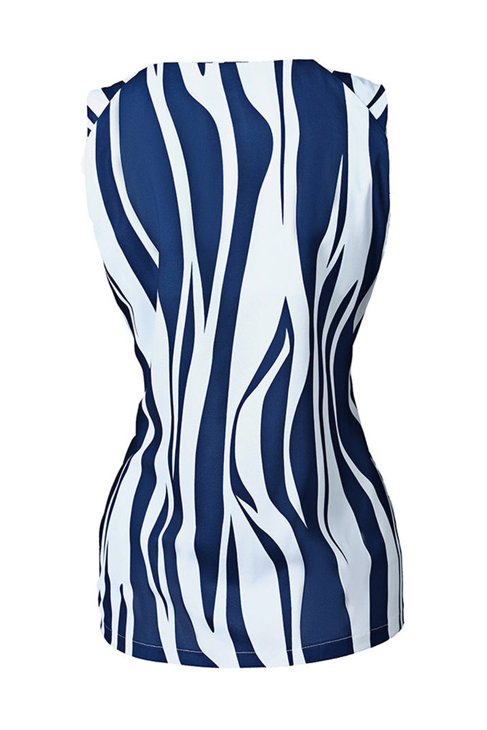 A stylish blue tank top featuring an abstract striped pattern and knotted straps, perfect for casual and formal occasions.