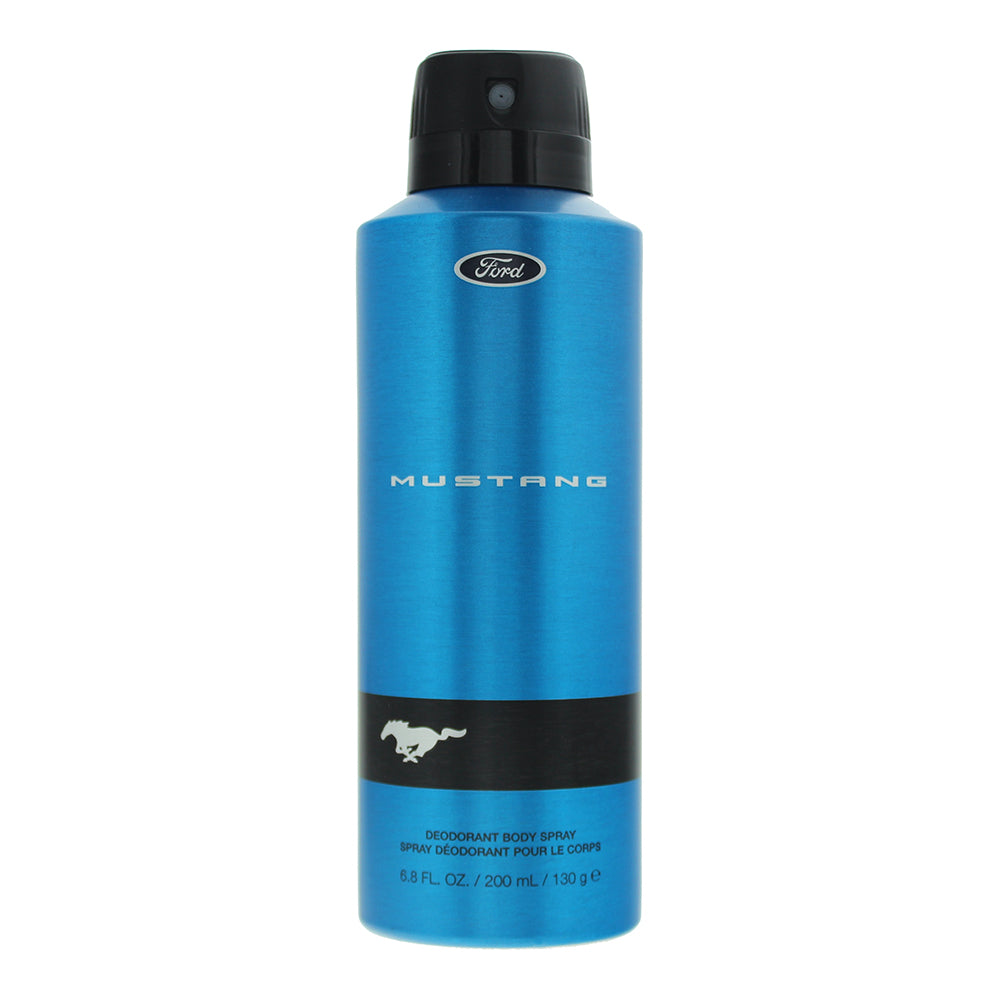 A sleek can of Mustang Blue Body Spray with a vibrant blue design, showcasing its refreshing scent.