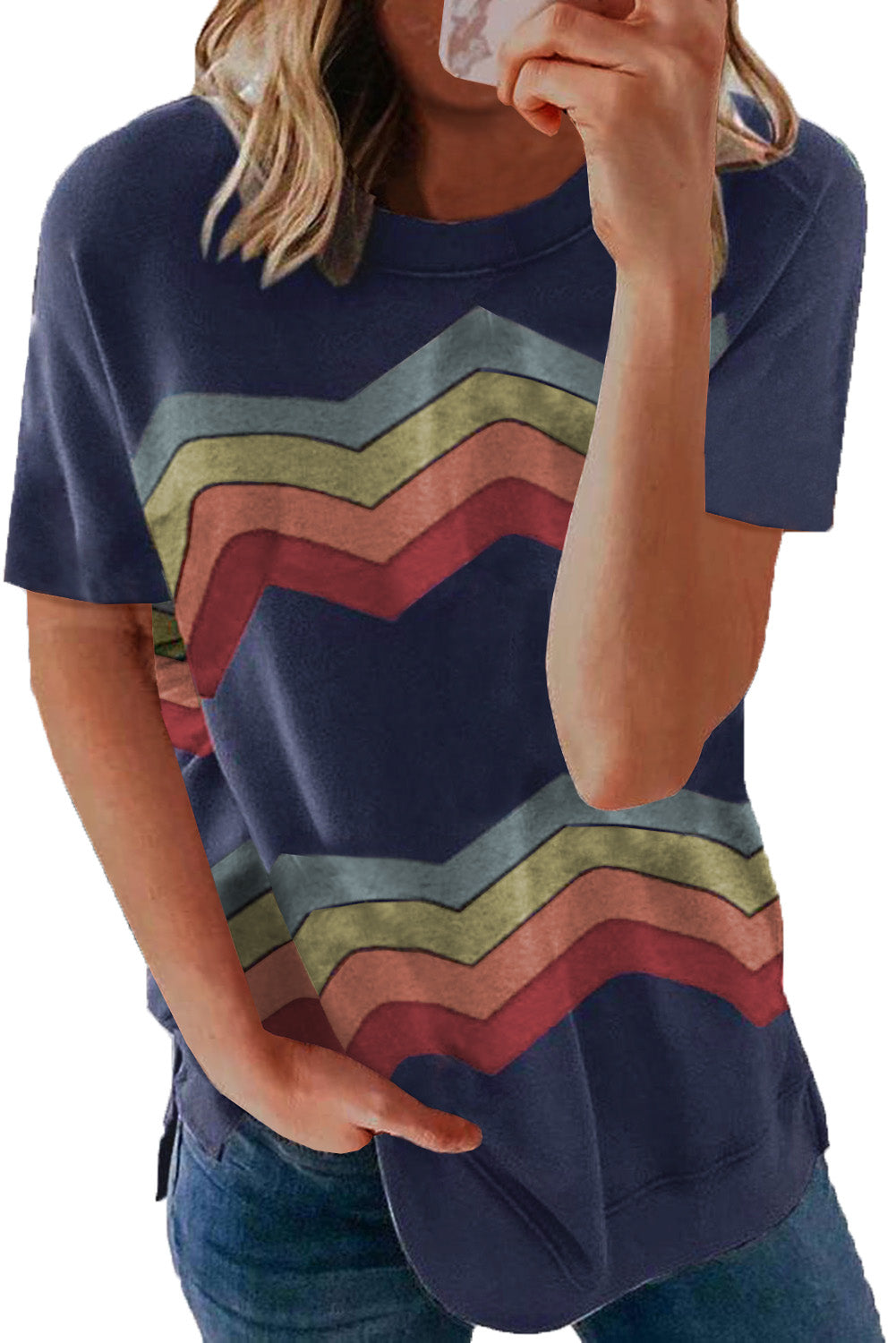 Blue short sleeve tee featuring colorful wavy stripes print, perfect for casual wear.