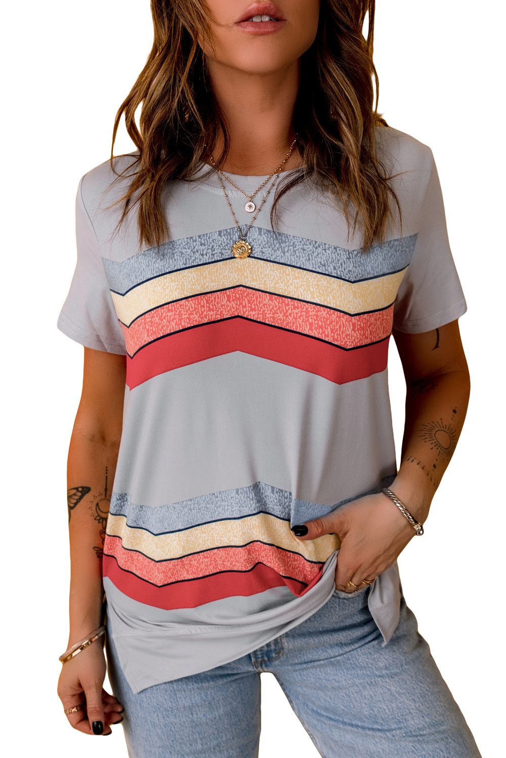 Blue short sleeve tee featuring colorful wavy stripes print, perfect for casual wear.