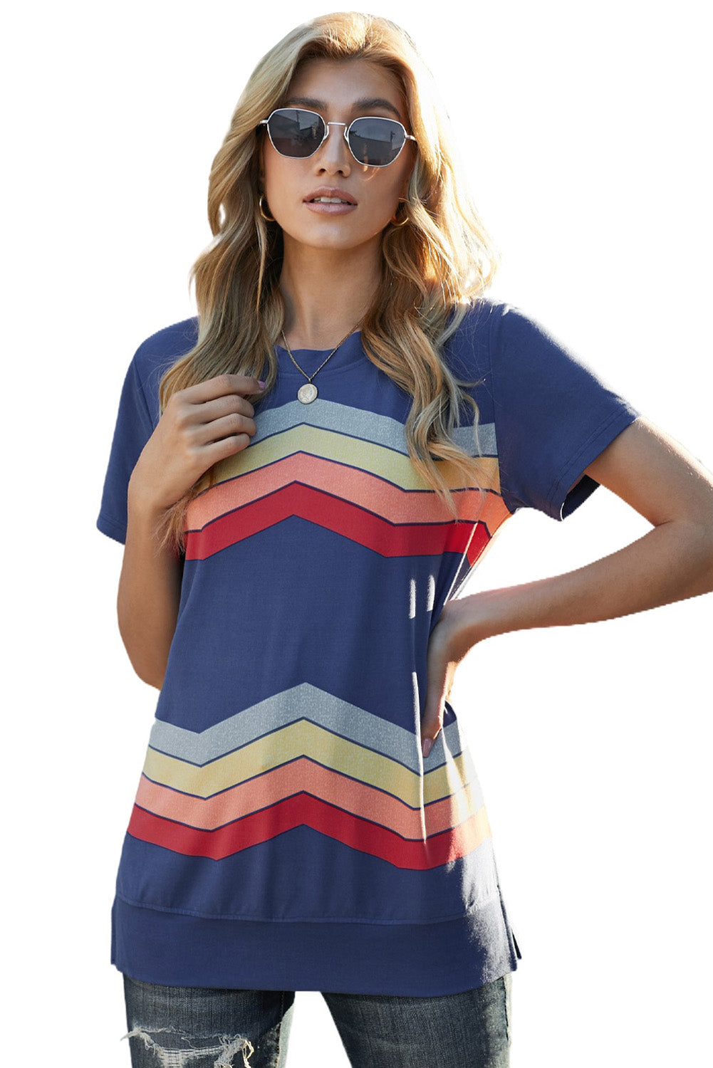 Blue short sleeve tee featuring colorful wavy stripes print, perfect for casual wear.