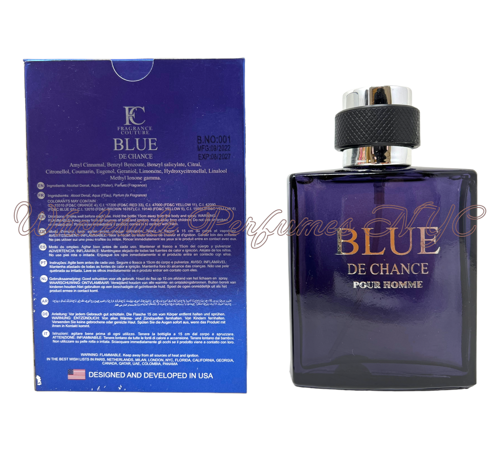 Blue de Chance for Men Eau de Toilette spray in a stylish bottle, part of the Fragrance Couture Collection, 3.4oz size.