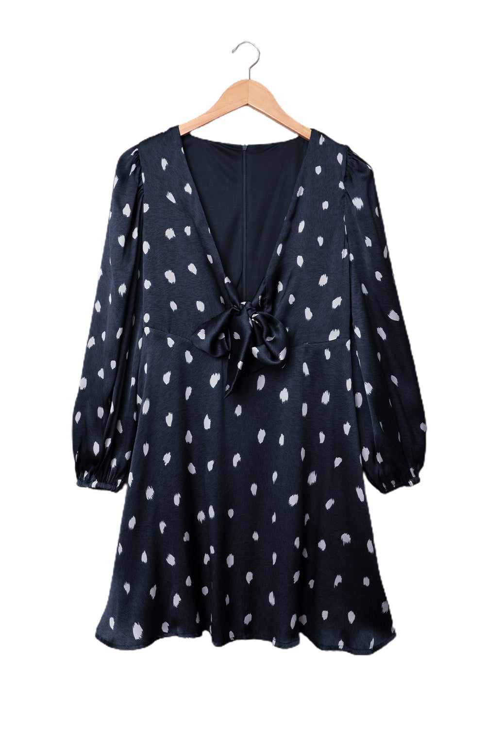 A stylish blue A-line dress featuring a deep V neck, balloon sleeves, and a knotted front with a polka dot print, perfect for various occasions.