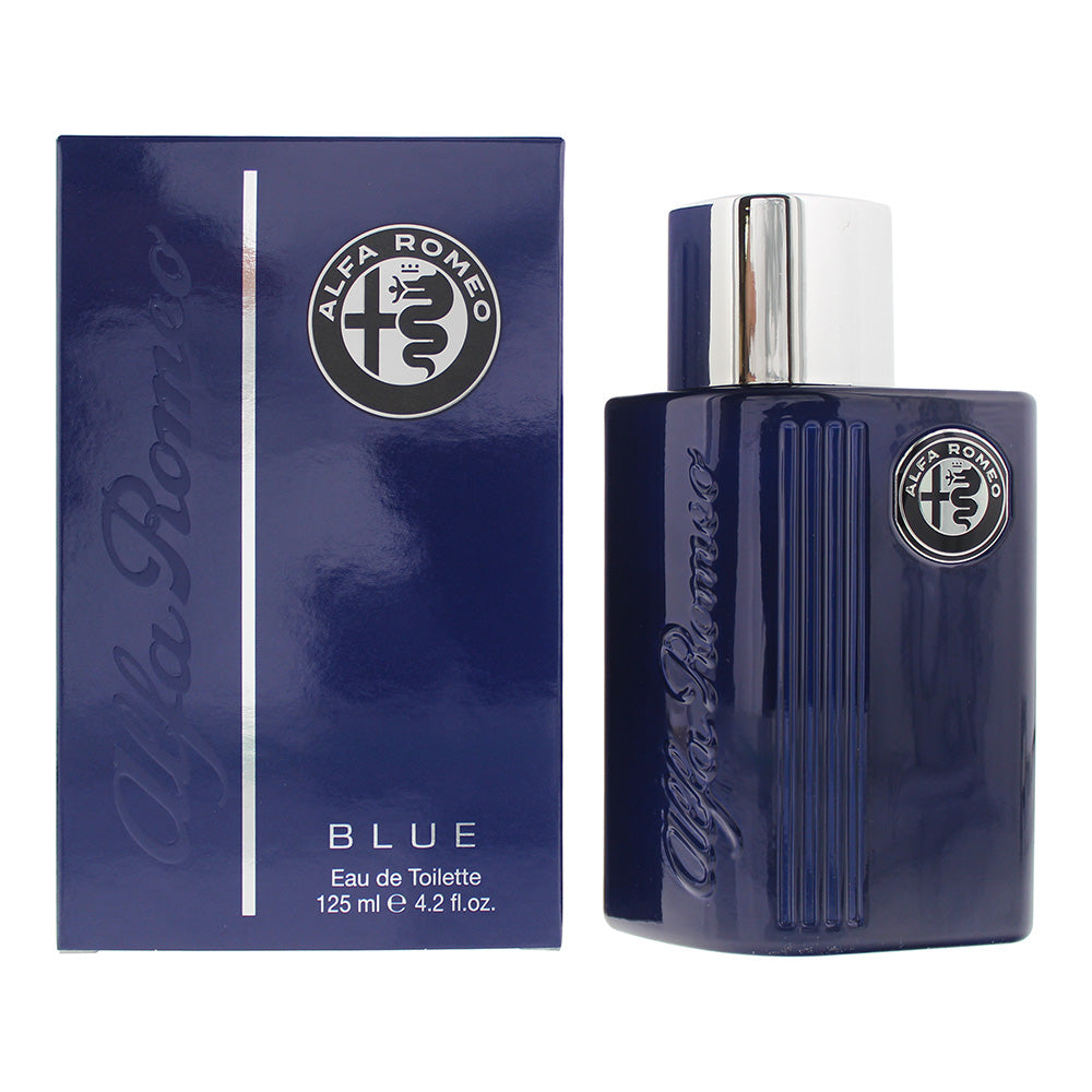 Alfa Romeo Blue Eau de Toilette bottle with a sleek design, showcasing its elegant blue color and stylish packaging.