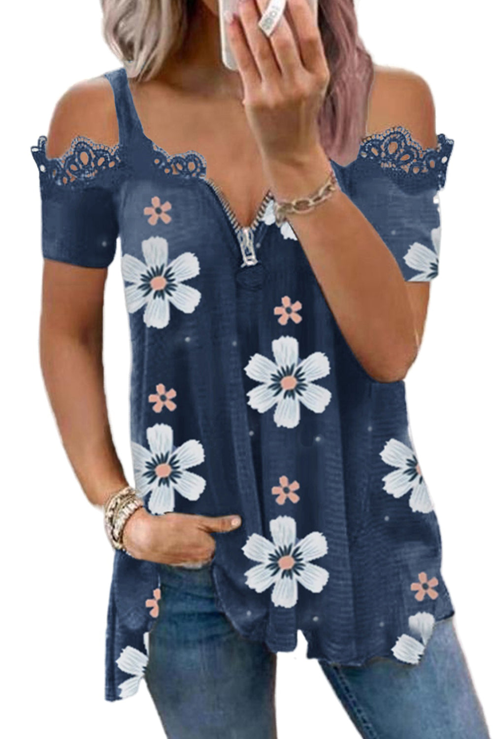 Blue floral print t-shirt with lace contrast and cold shoulder design, featuring a zipped closure for easy wear.