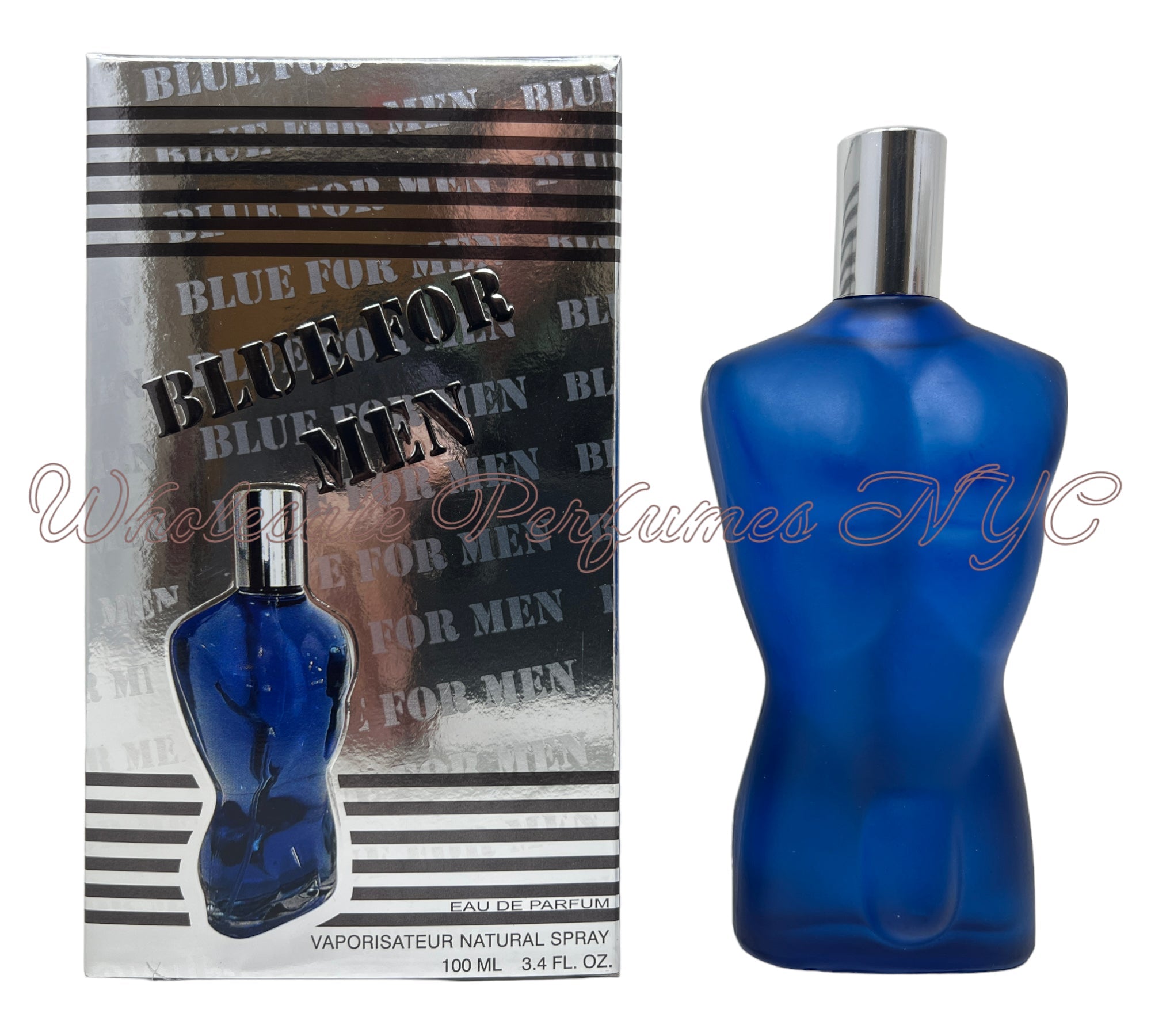 A sleek bottle of BLUE for Men Eau de Parfum, 3.4oz, inspired by Jean Paul Gaultier's 'Le Male', elegantly displayed.