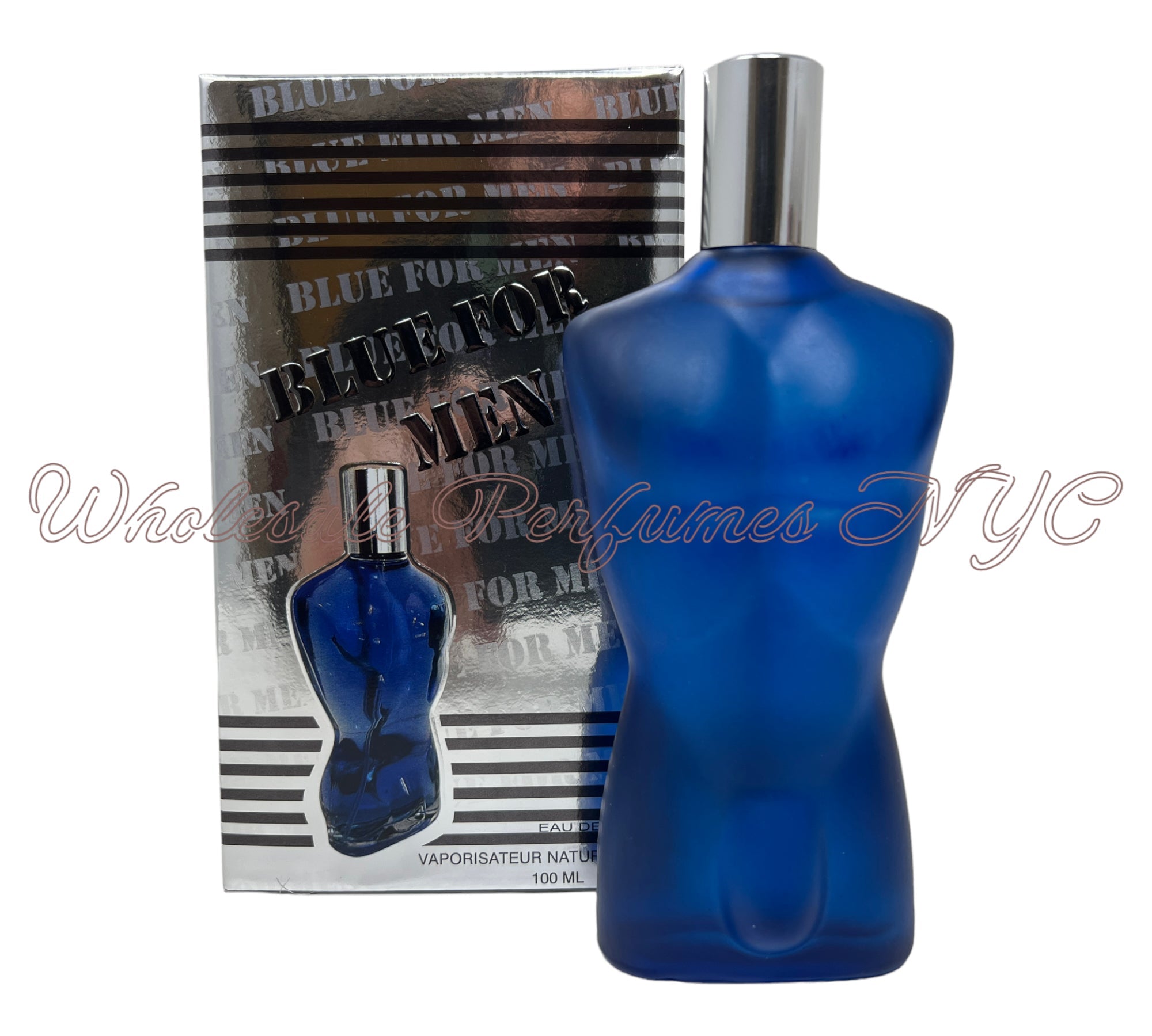 A sleek bottle of BLUE for Men Eau de Parfum, 3.4oz, inspired by Jean Paul Gaultier's 'Le Male', elegantly displayed.