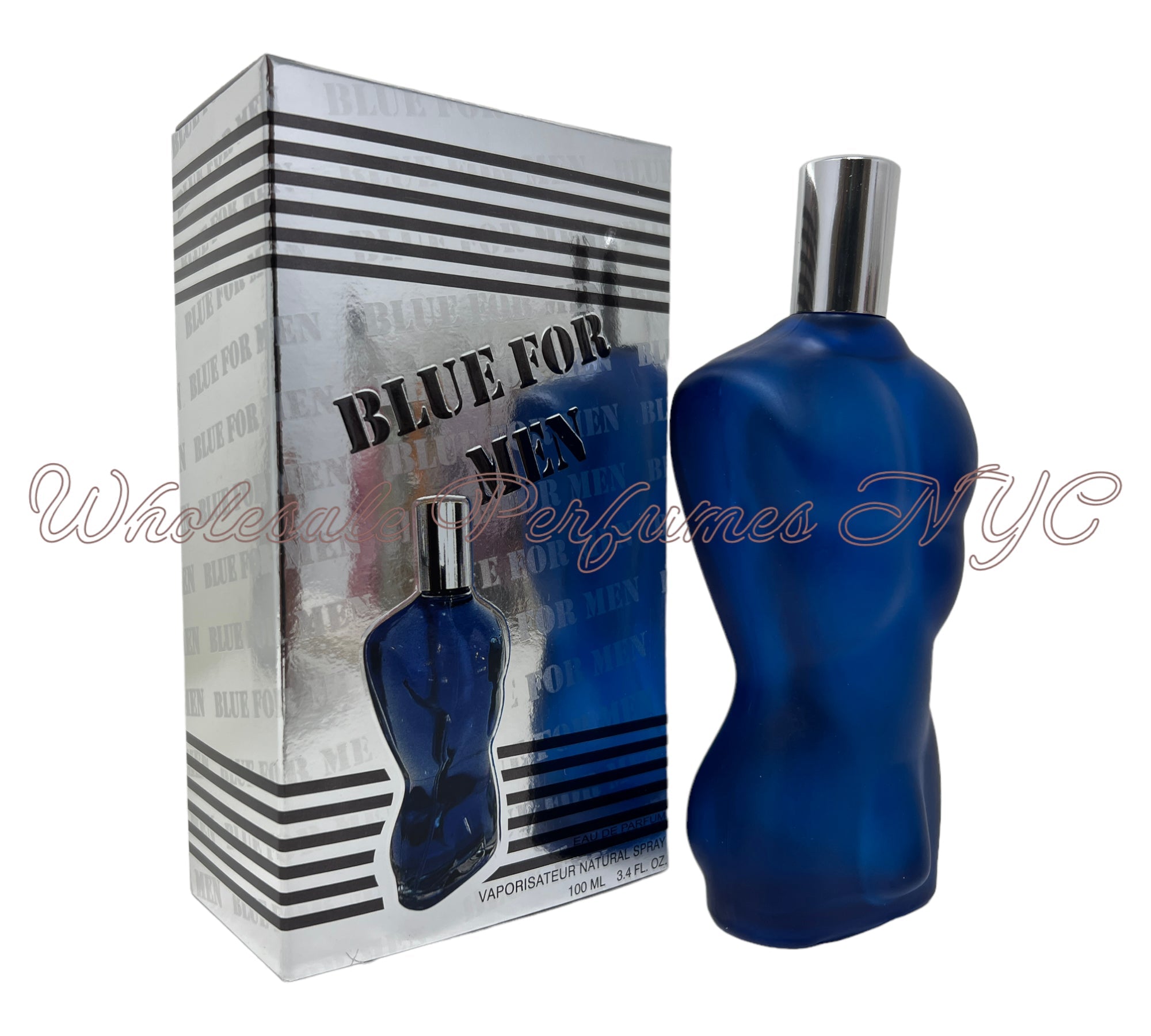 A sleek bottle of BLUE for Men Eau de Parfum, 3.4oz, inspired by Jean Paul Gaultier's 'Le Male', elegantly displayed.