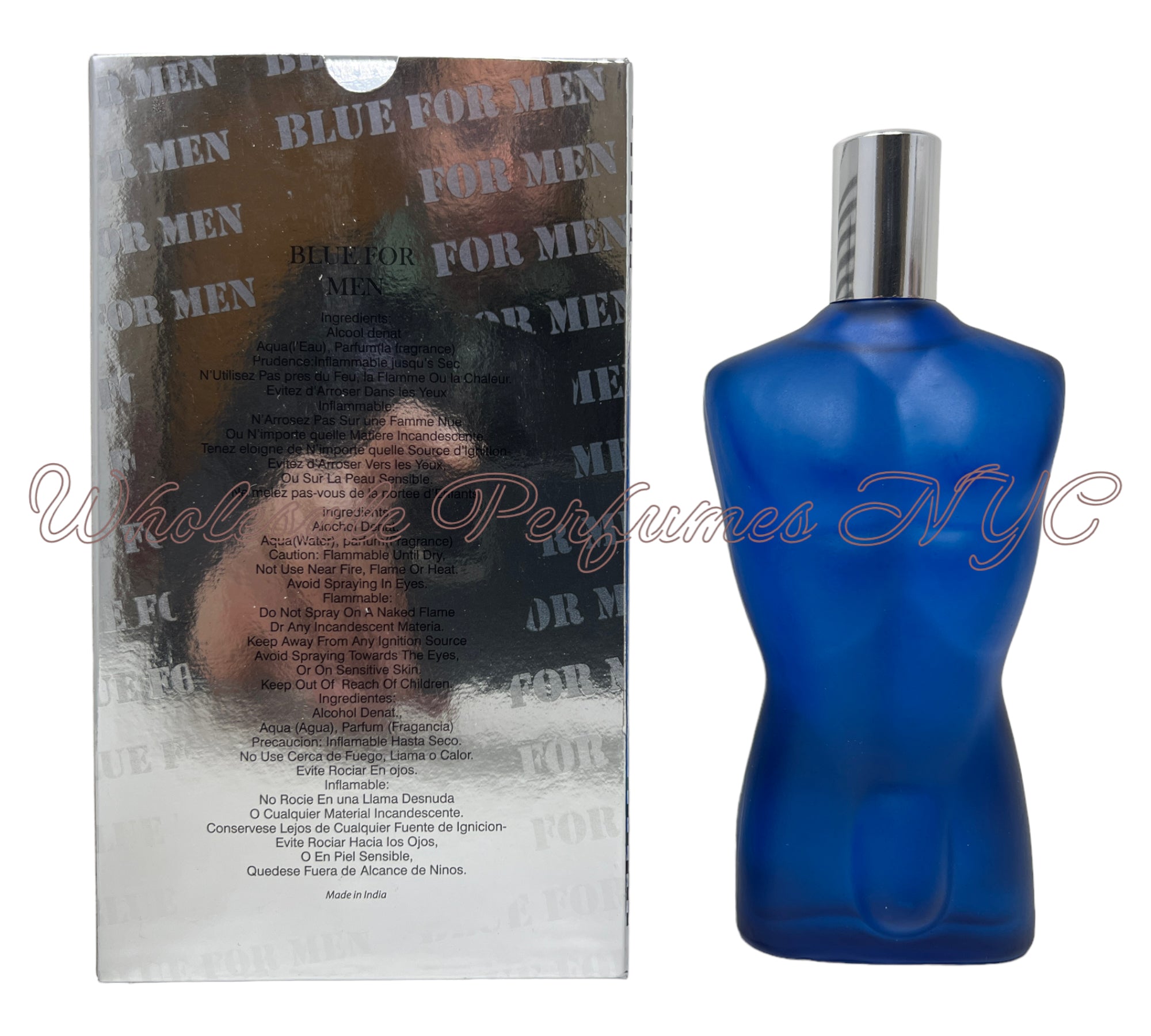 A sleek bottle of BLUE for Men Eau de Parfum, 3.4oz, inspired by Jean Paul Gaultier's 'Le Male', elegantly displayed.