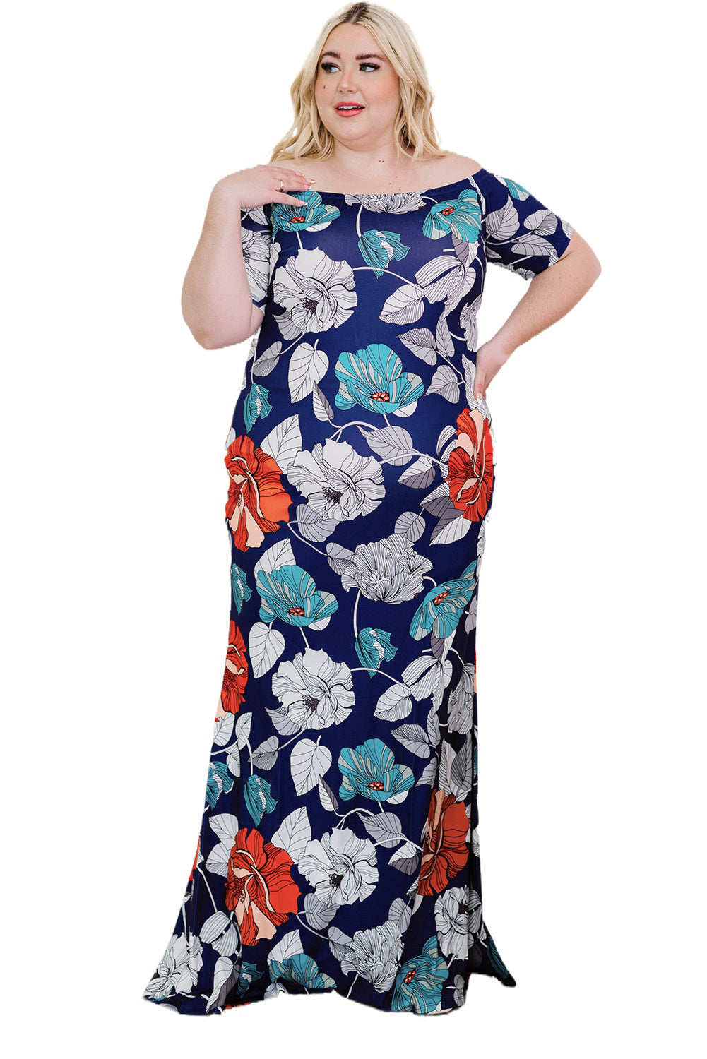 A beautiful plus size maxi dress featuring a blue green floral print and an off-the-shoulder design, perfect for elegant occasions.