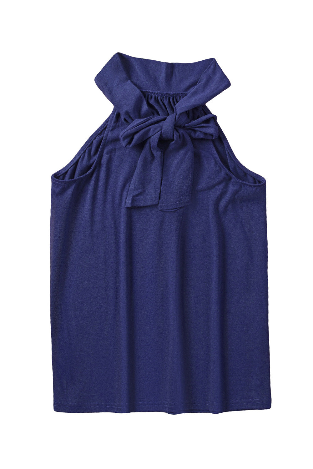 A stylish blue high neck tie tank top with a halter neckline and back tie closure, perfect for versatile styling.