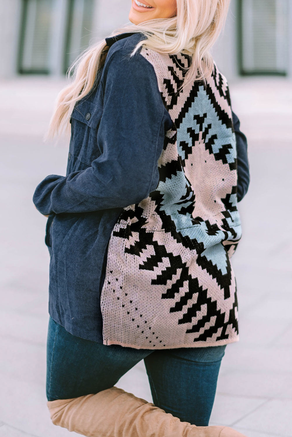 Blue plus size corduroy jacket with Aztec print back, featuring a loose fit, drawstring waist, and flap pockets.