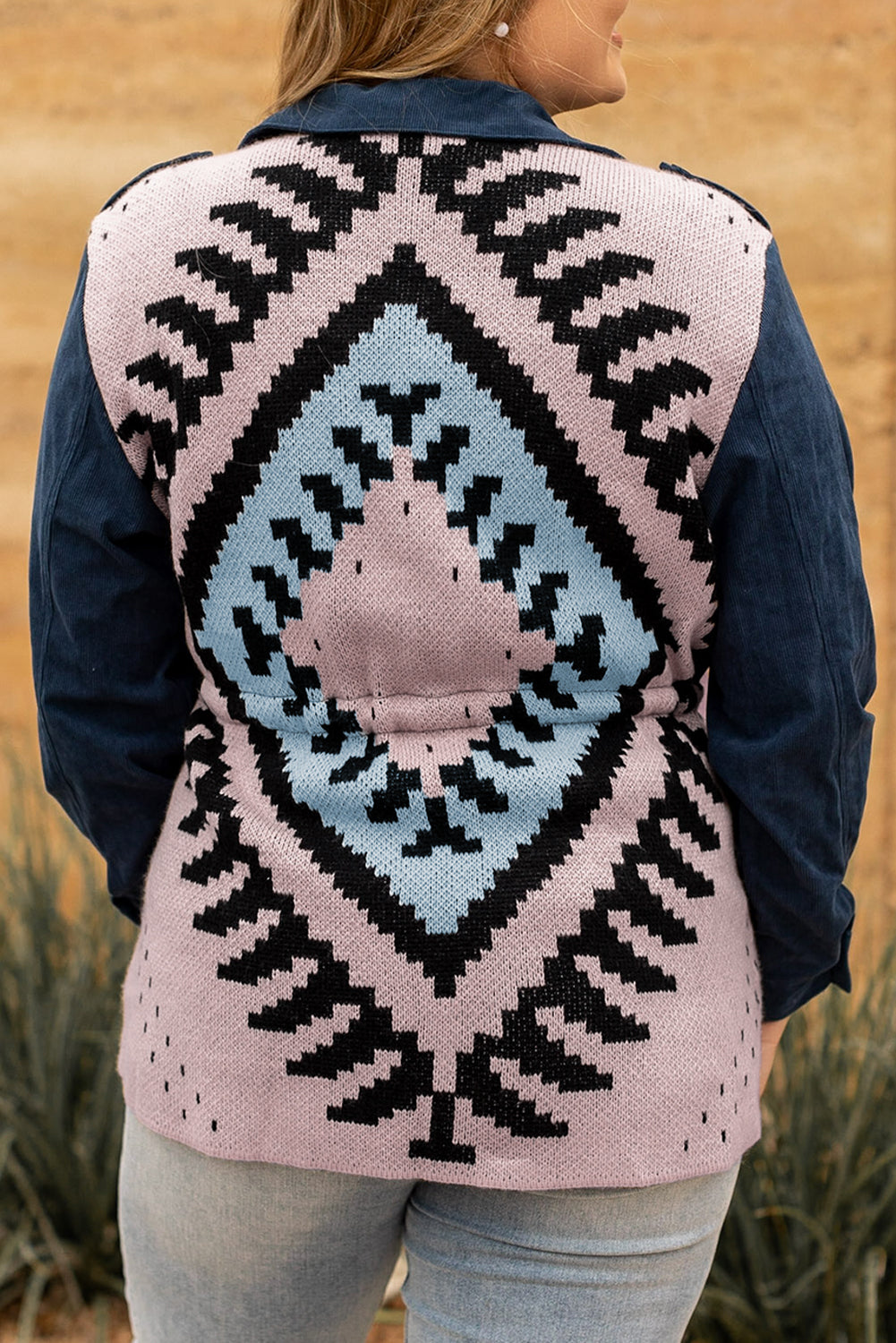 Blue plus size corduroy jacket with Aztec print back, featuring a loose fit, drawstring waist, and flap pockets.