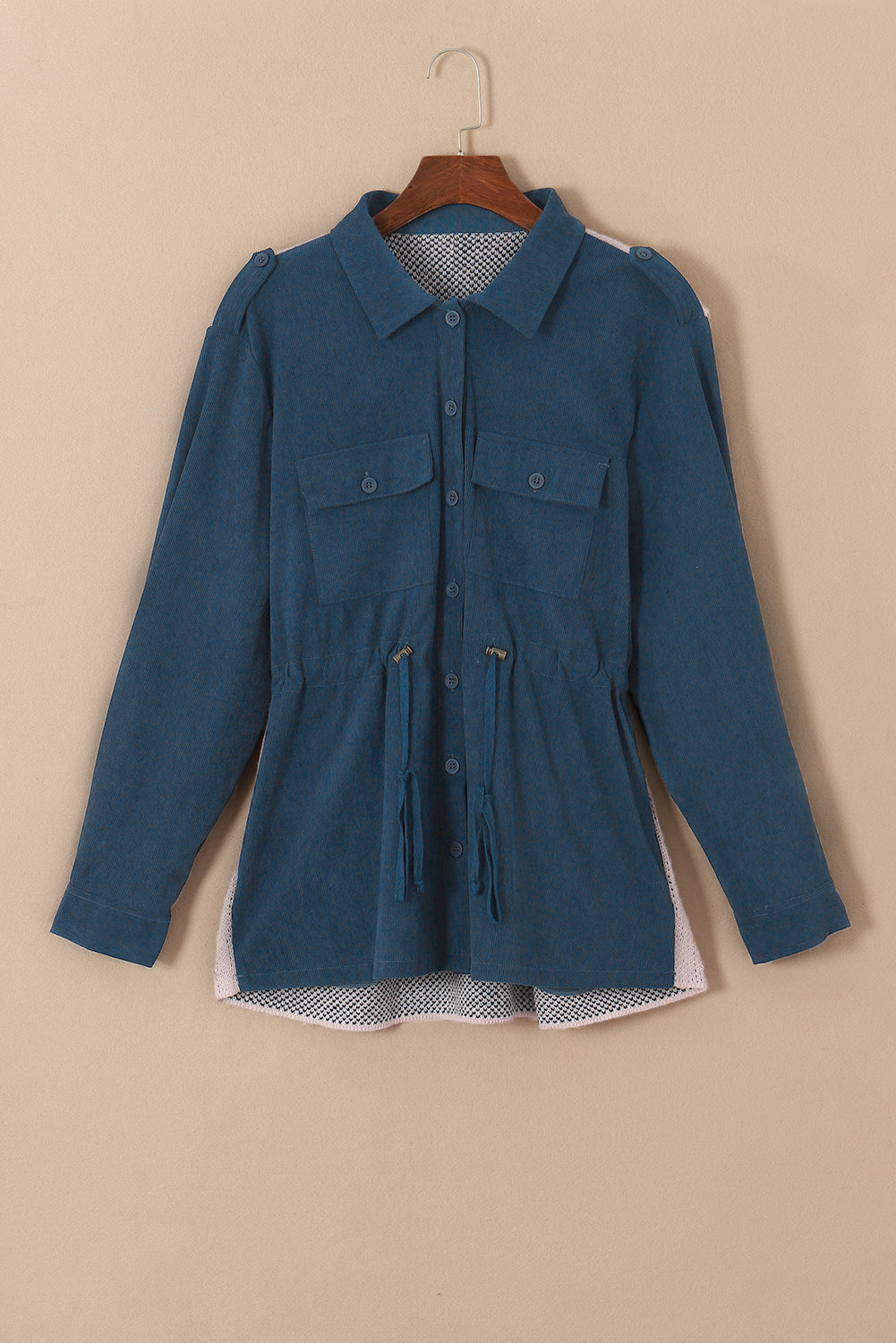 Blue plus size corduroy jacket with Aztec print back, featuring a loose fit, drawstring waist, and flap pockets.