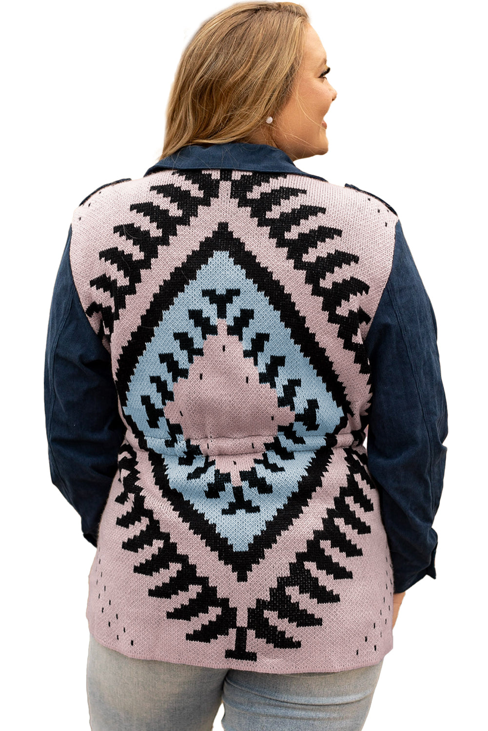 Blue plus size corduroy jacket with Aztec print back, featuring a loose fit, drawstring waist, and flap pockets.