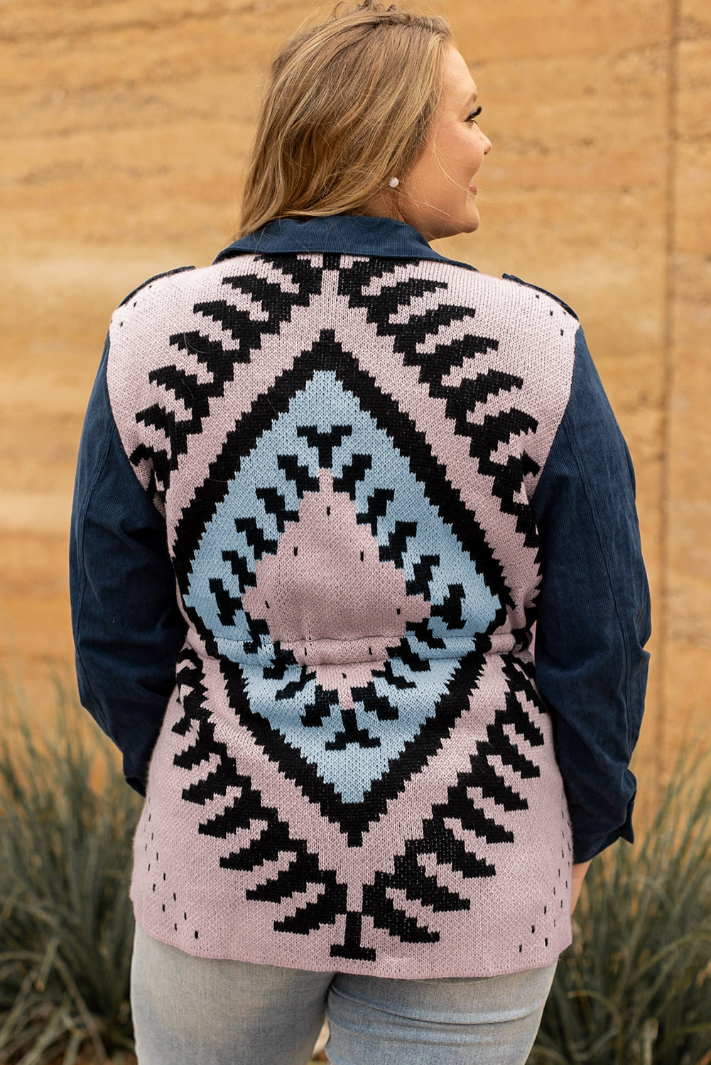 Blue plus size corduroy jacket with Aztec print back, featuring a loose fit, drawstring waist, and flap pockets.