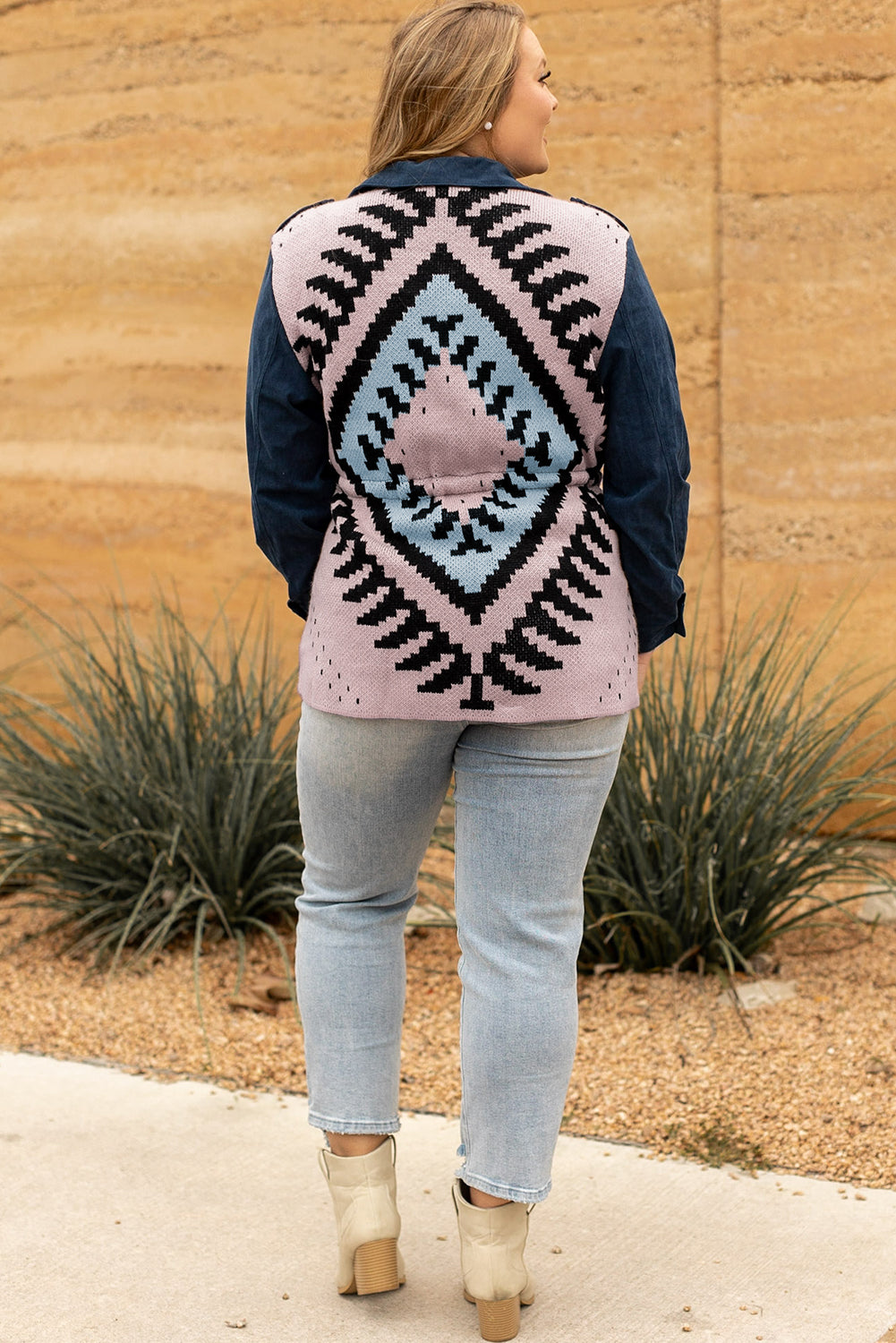 Blue plus size corduroy jacket with Aztec print back, featuring a loose fit, drawstring waist, and flap pockets.