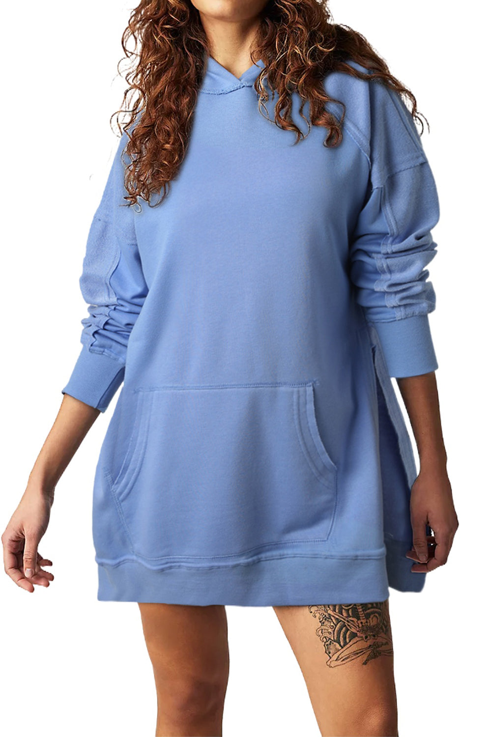 A stylish blue tunic hoodie featuring raw seams, patchwork design, and a kangaroo pocket, perfect for casual wear.