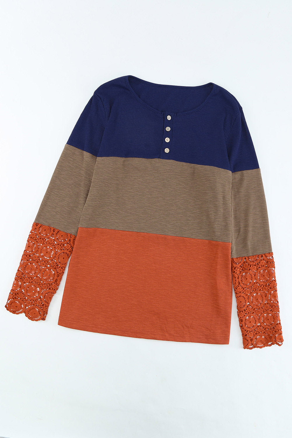 Blue ribbed long sleeve top featuring lace splicing and color block design, perfect for casual and trendy outfits.