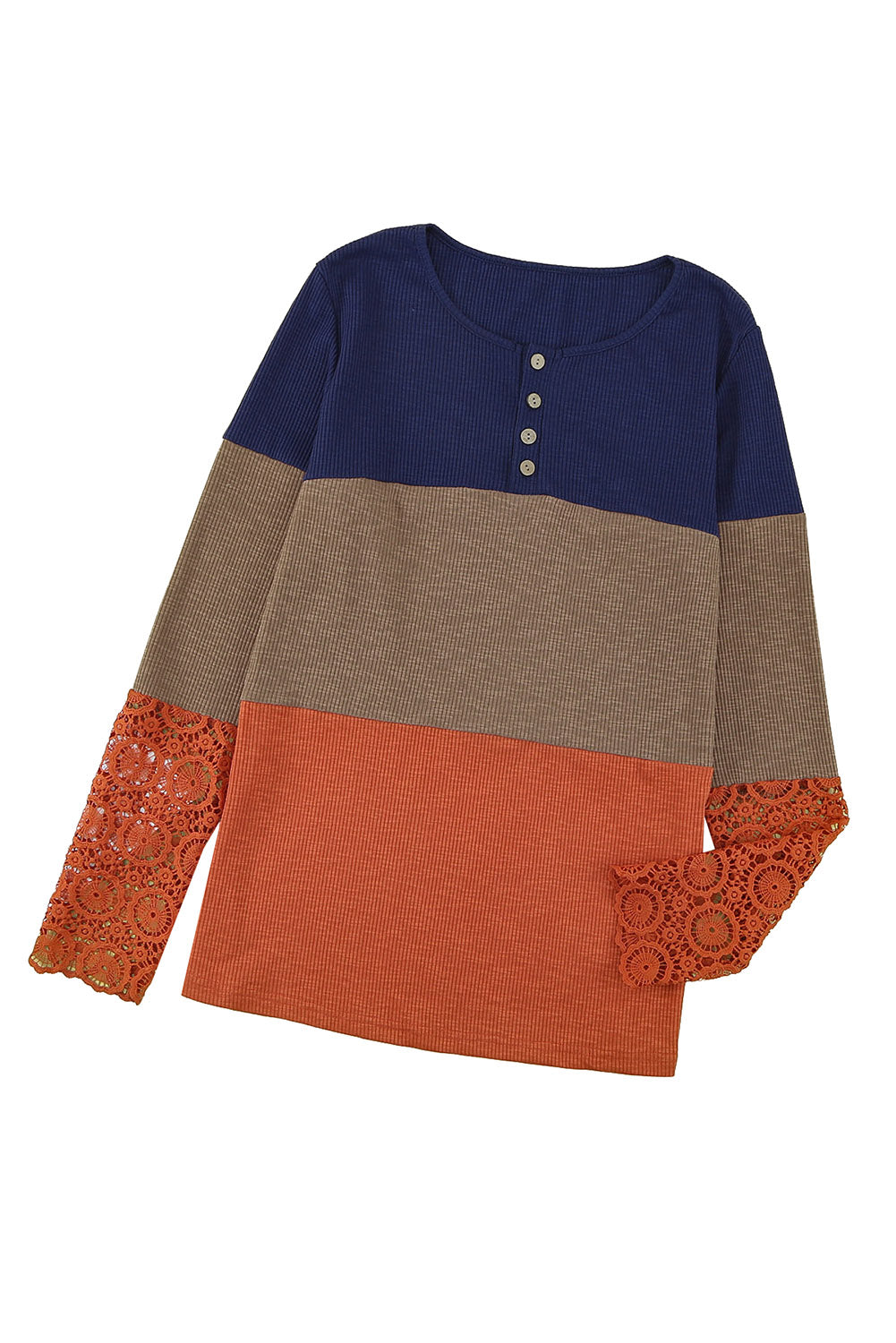 Blue ribbed long sleeve top featuring lace splicing and color block design, perfect for casual and trendy outfits.