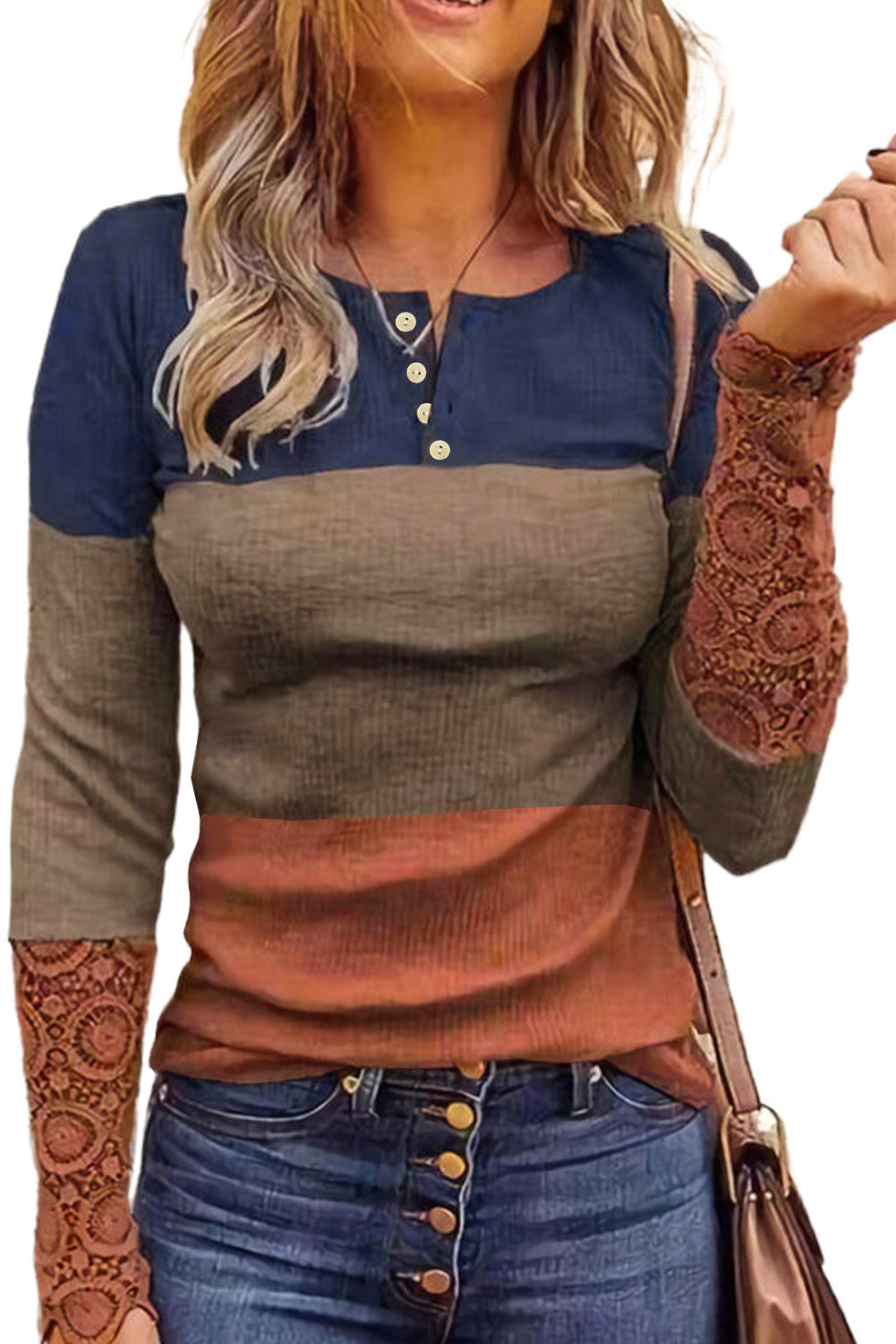 Blue ribbed long sleeve top featuring lace splicing and color block design, perfect for casual and trendy outfits.