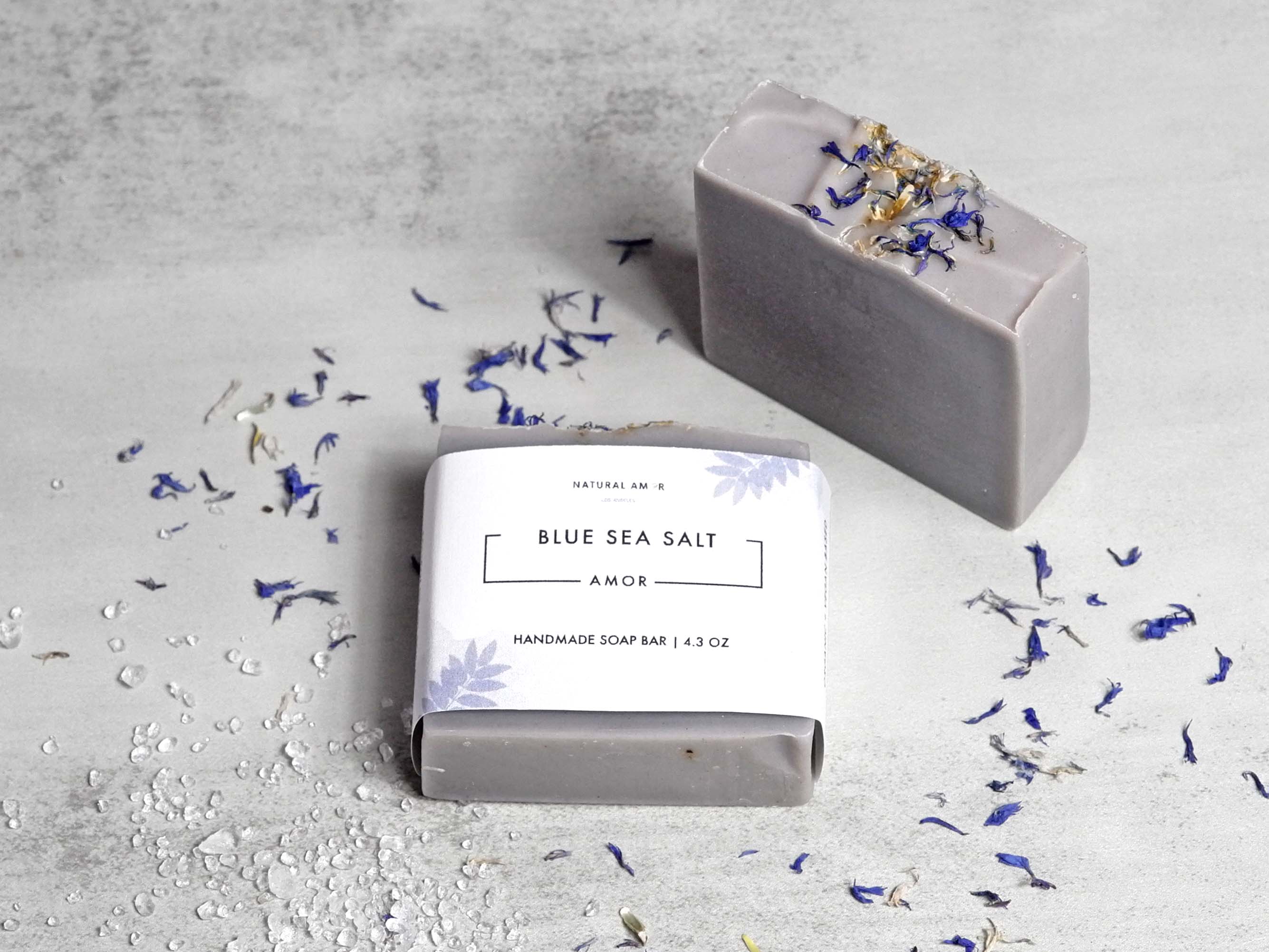 Blue Sea Salt Soap Bar with natural ingredients, featuring a vibrant blue color and a refreshing scent.