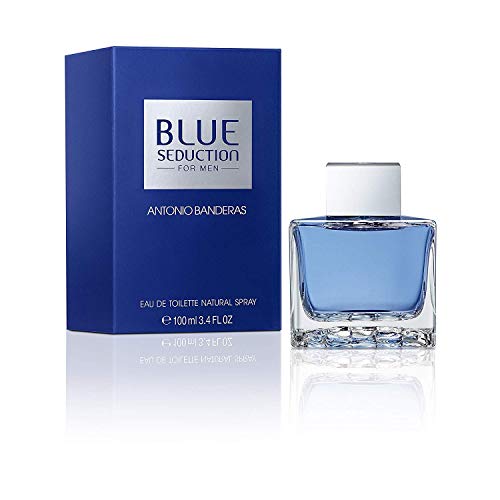 Blue Seduction Eau de Toilette by Antonio Banderas in a sleek blue bottle, symbolizing freshness and elegance.