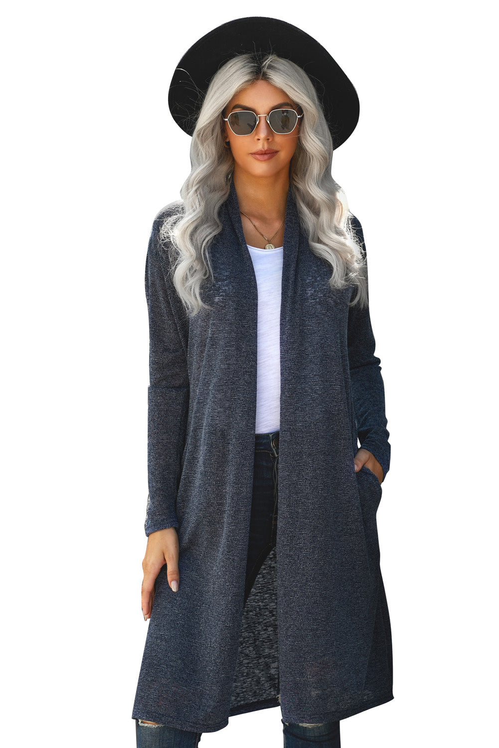 A stylish blue slouchy pocketed knit longline cardigan displayed on a mannequin, showcasing its relaxed fit and soft texture.