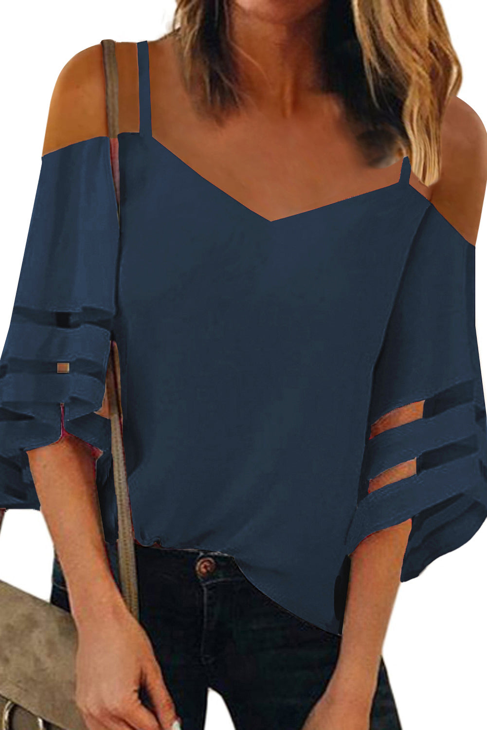 A stylish blue blouse featuring spaghetti straps, cold shoulder design, mesh inserts, and flare bell sleeves, perfect for casual or party wear.